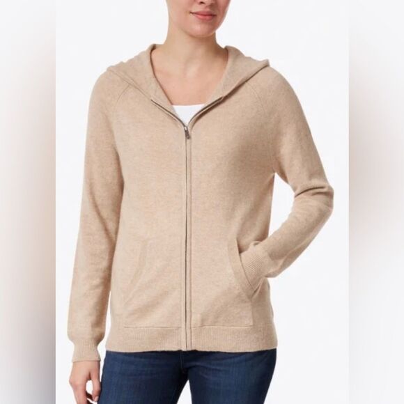100% Cashmere Beige Cashmere Zip Up Hoodie - Picture 1 of 8